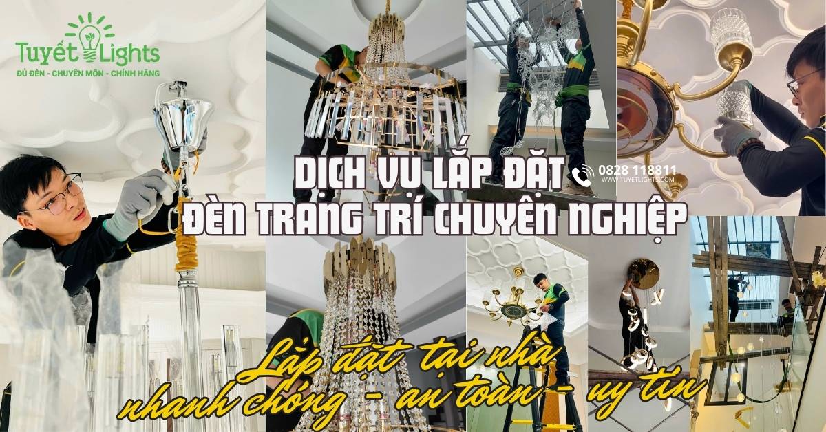 Đội ngũ kỹ thuật viên chuyên nghiệp của Tuyết Lights (có thu phí) được đào tạo bài bản, giàu kinh nghiệm trong lắp đặt đèn trang trí và được trang bị đầy đủ dụng cụ, thiết bị hiện đại để đảm bảo quá trình thi công nhanh chóng, an toàn và hiệu quả.